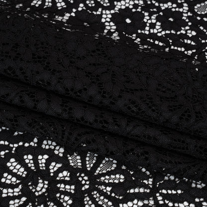 Corded Lace Panel with Finished Latticework Edges - Black Floral
