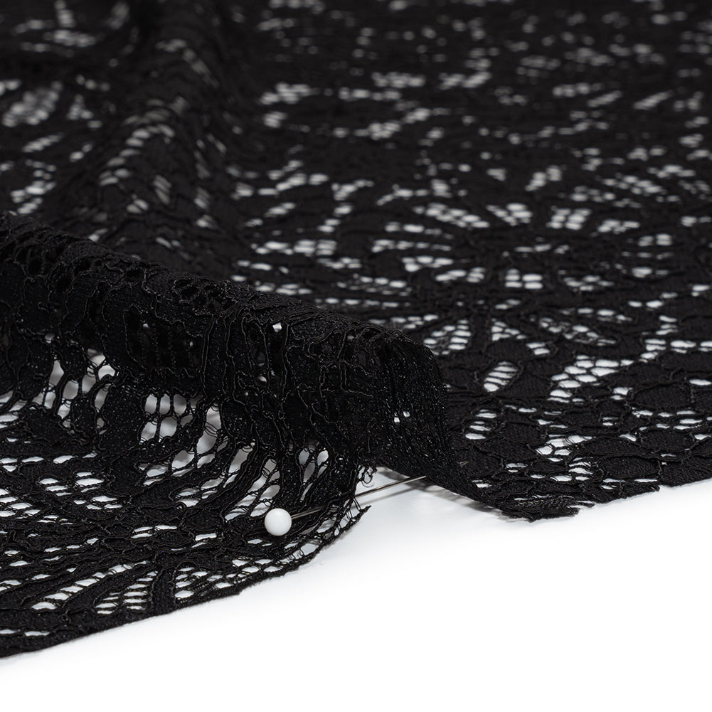 Corded Lace Panel with Finished Latticework Edges - Black Floral - Detail