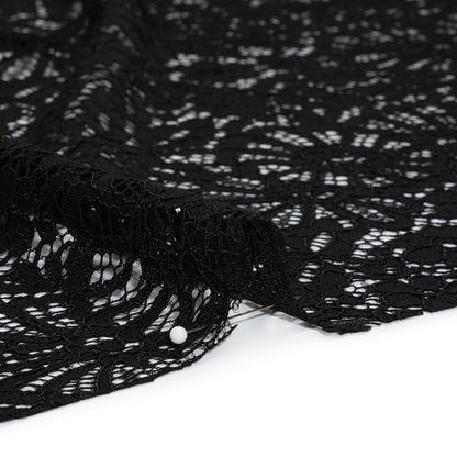 Corded Lace Panel with Finished Latticework Edges - Black Floral