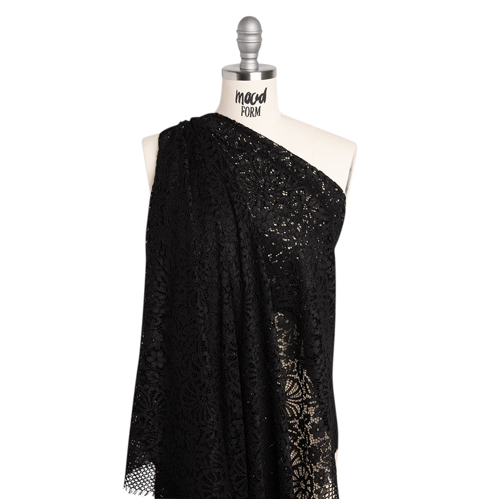 Corded Lace Panel with Finished Latticework Edges - Black Floral - Drape