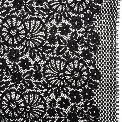 Corded Lace Panel with Finished Latticework Edges - Black Floral