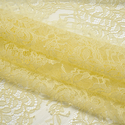 Chantilly Lace Panel with Scalloped Finished Edges - Pale Yellow Flowers and Leaves