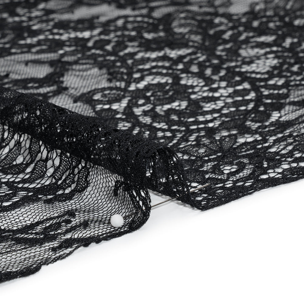 Chantilly Lace Panel with Scalloped Finished Edges - Black Flowers and Leaves - Detail