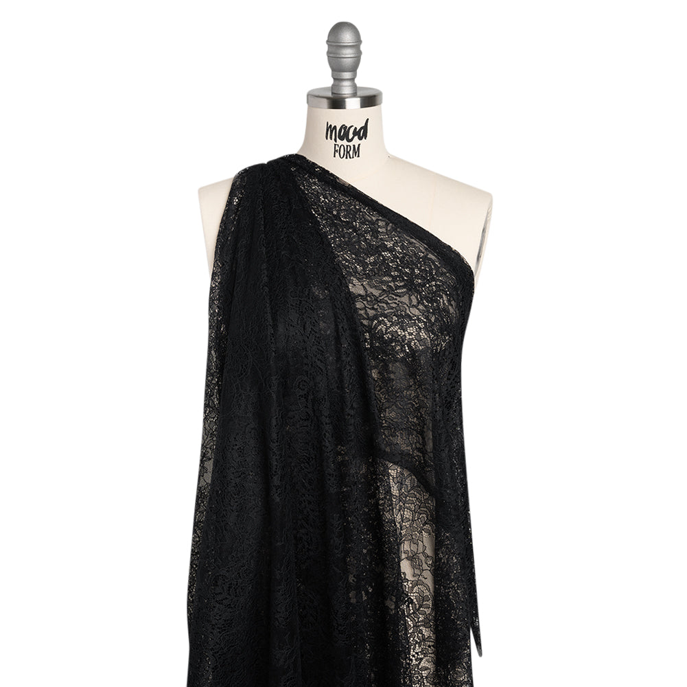 Chantilly Lace Panel with Scalloped Finished Edges - Black Flowers and Leaves - Drape