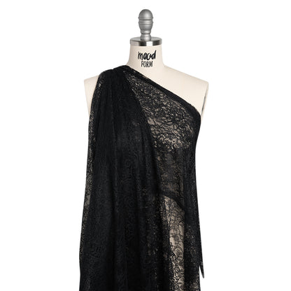Chantilly Lace Panel with Scalloped Finished Edges - Black Flowers and Leaves