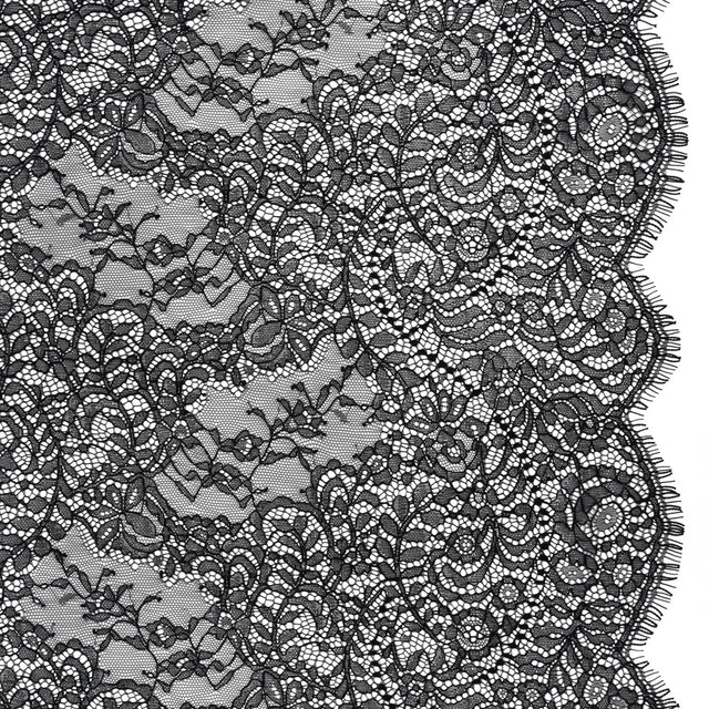 Chantilly Lace Panel with Scalloped Finished Edges - Black Flowers and Leaves