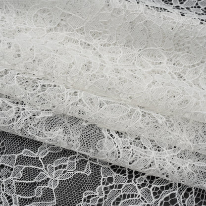 Chantilly Lace Panel with Scalloped Finished Edges - Ivory Flowers and Leaves