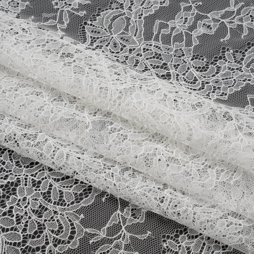 Chantilly Lace Panel with Scalloped Finished Edges - White PFD Flowers and Leaves - Folded
