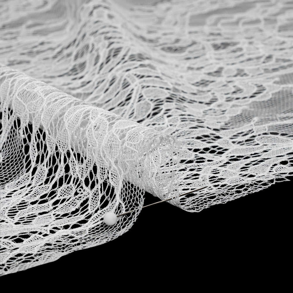 Chantilly Lace Panel with Scalloped Finished Edges - White PFD Flowers and Leaves - Detail