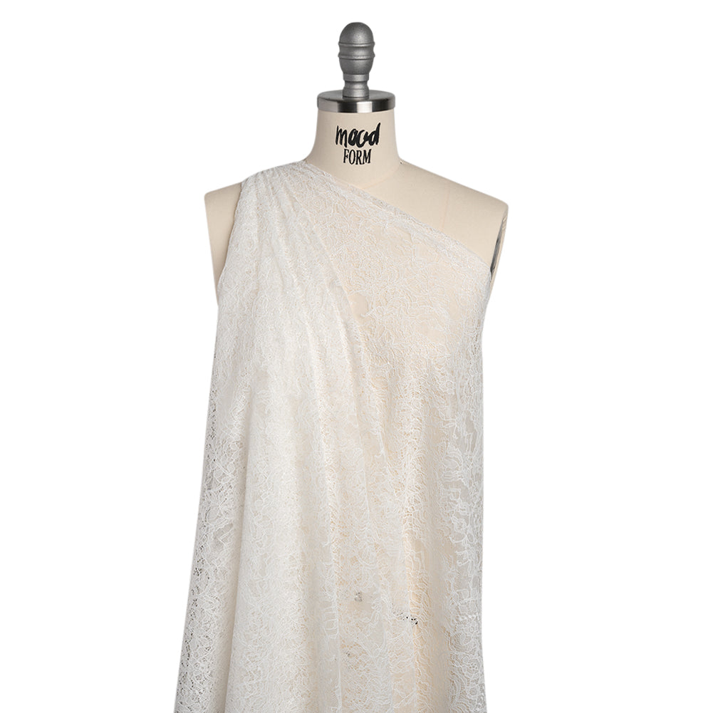 Chantilly Lace Panel with Scalloped Finished Edges - White PFD Flowers and Leaves - Drape