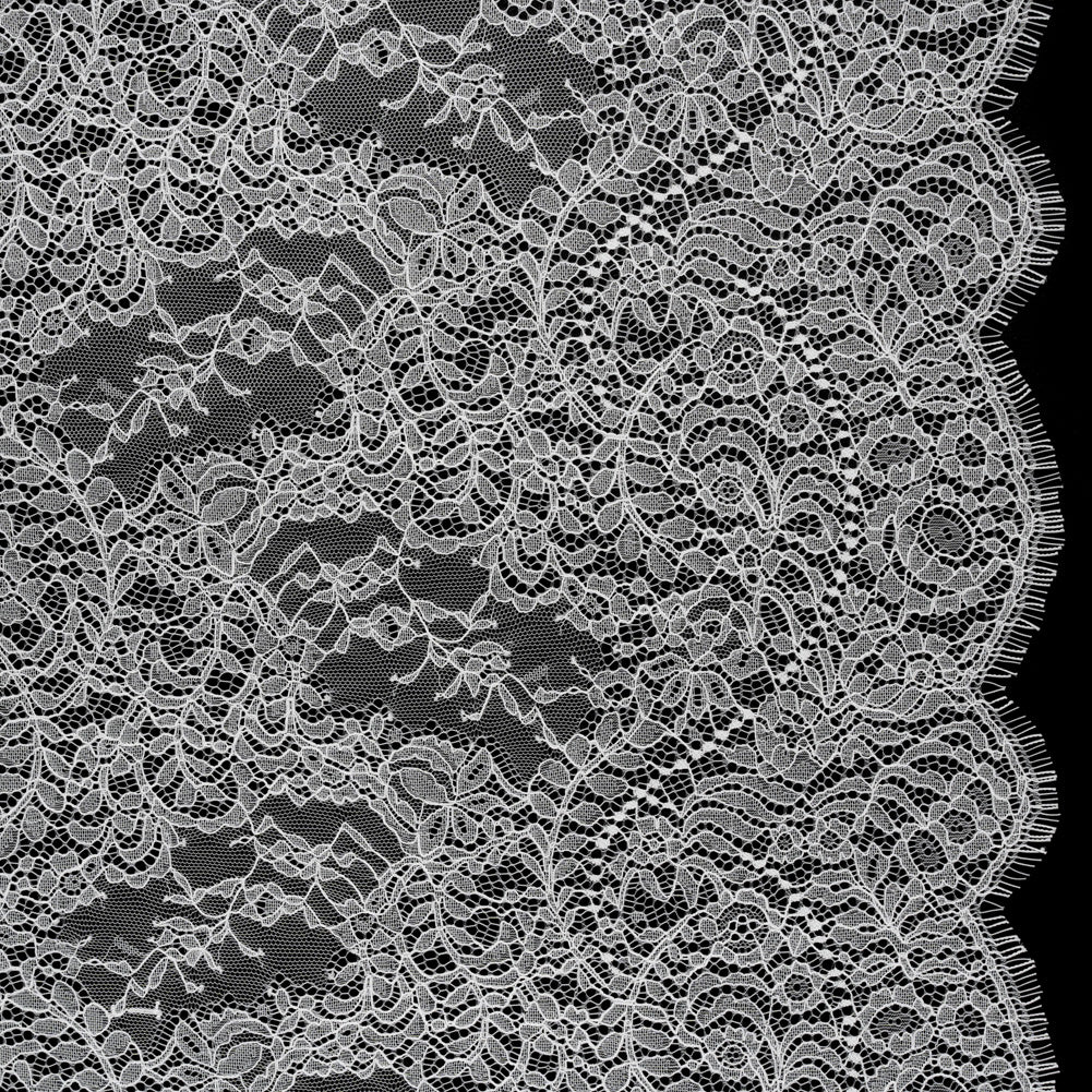 Chantilly Lace Panel with Scalloped Finished Edges - White PFD Flowers and Leaves