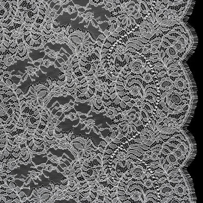 Chantilly Lace Panel with Scalloped Finished Edges - White PFD Flowers and Leaves