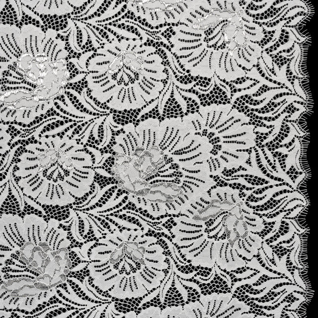 Metallic Raschel Lace Panel with Finished Edges - Ivory and Silver Bold Florals