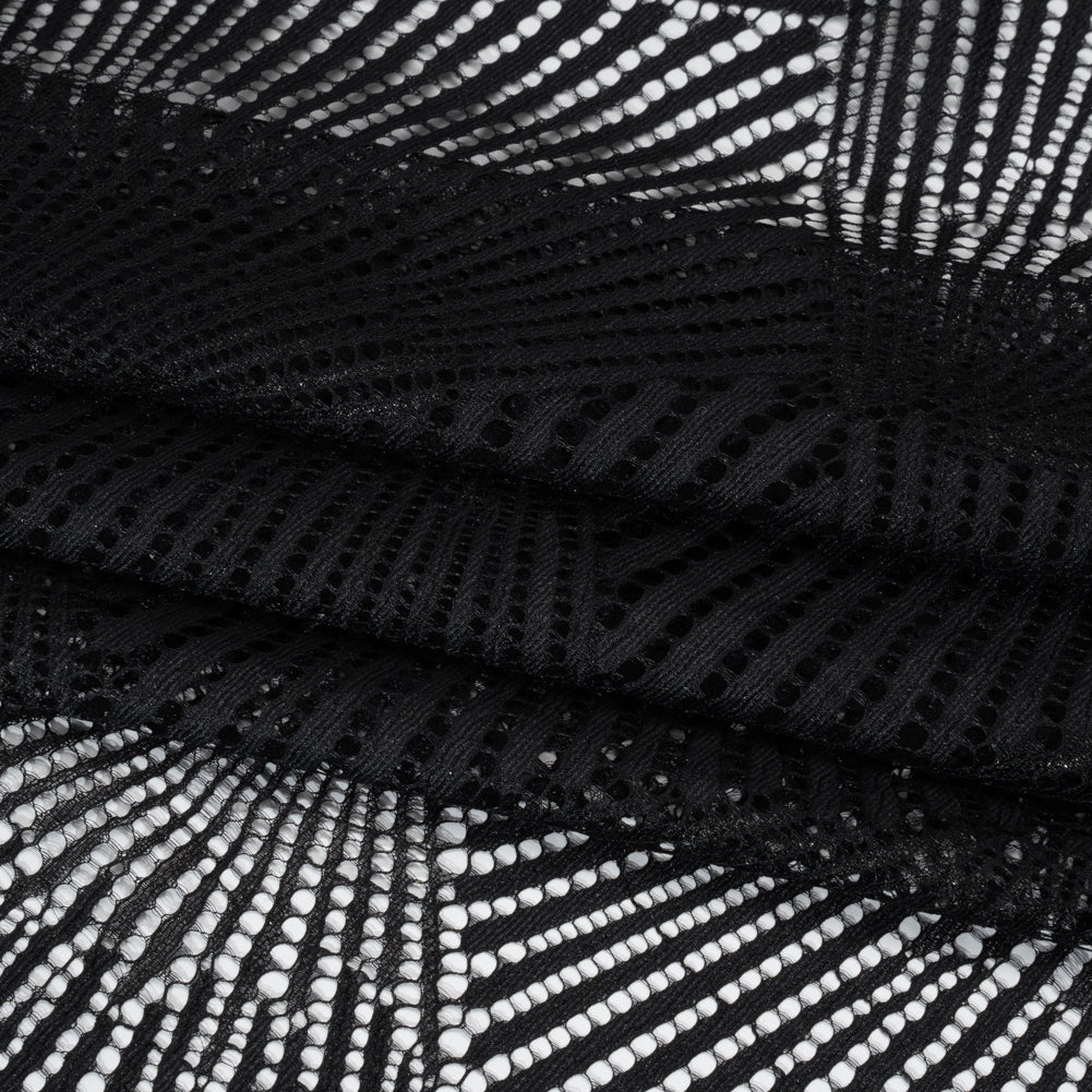 Raschel Lace Panel with Finished Scalloped Edges - Deep Black Fans - Folded