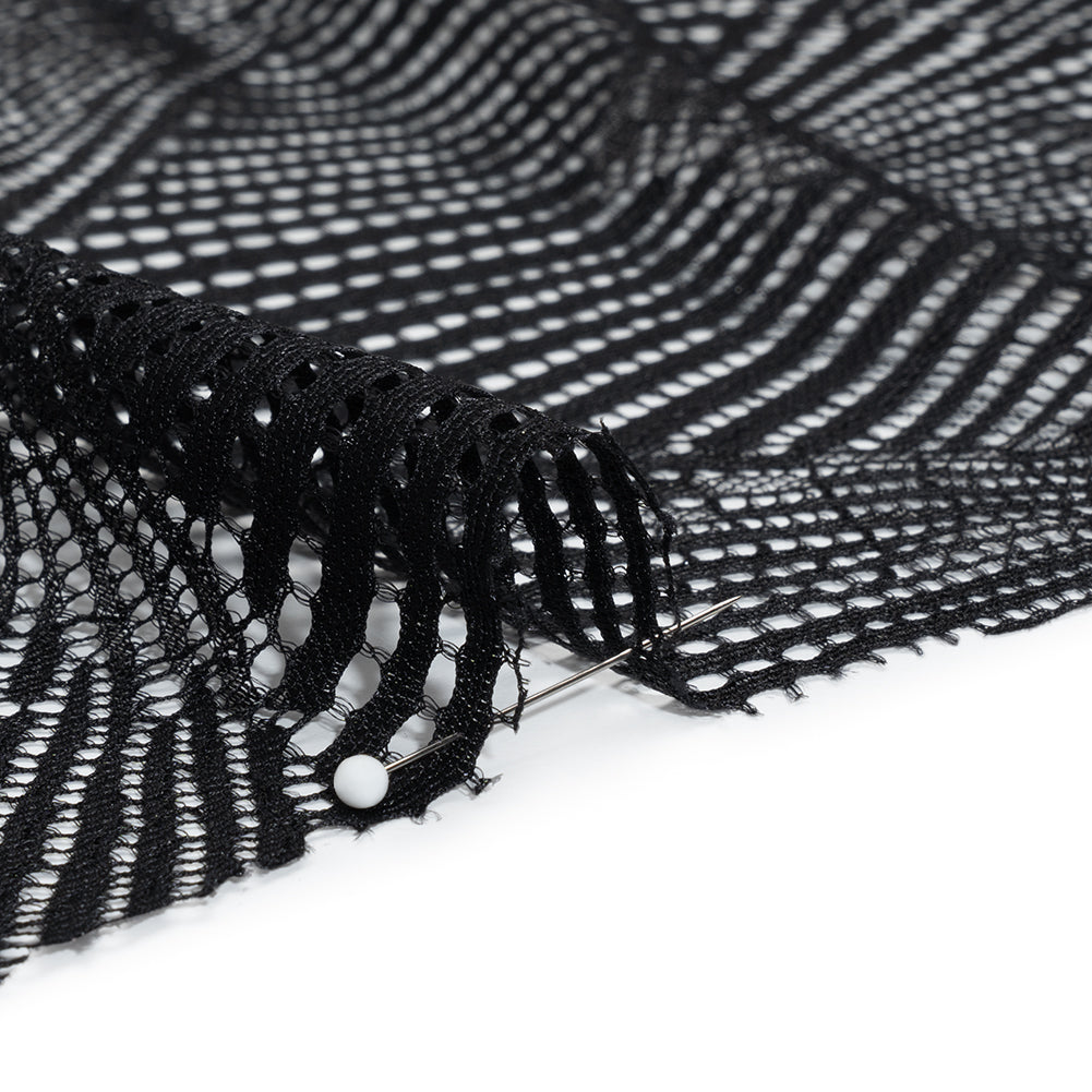 Raschel Lace Panel with Finished Scalloped Edges - Deep Black Fans - Detail