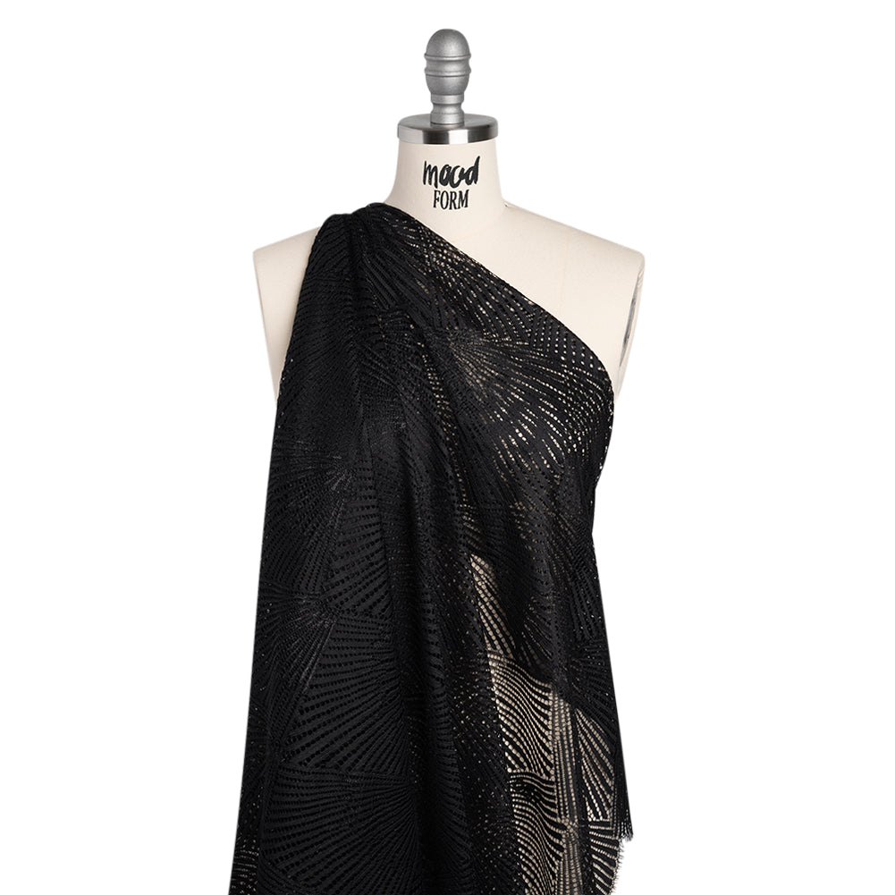 Raschel Lace Panel with Finished Scalloped Edges - Deep Black Fans - Drape