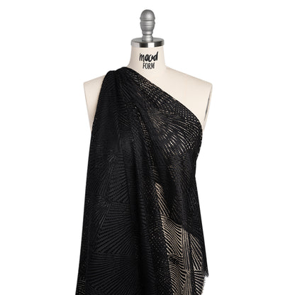 Raschel Lace Panel with Finished Scalloped Edges - Deep Black Fans