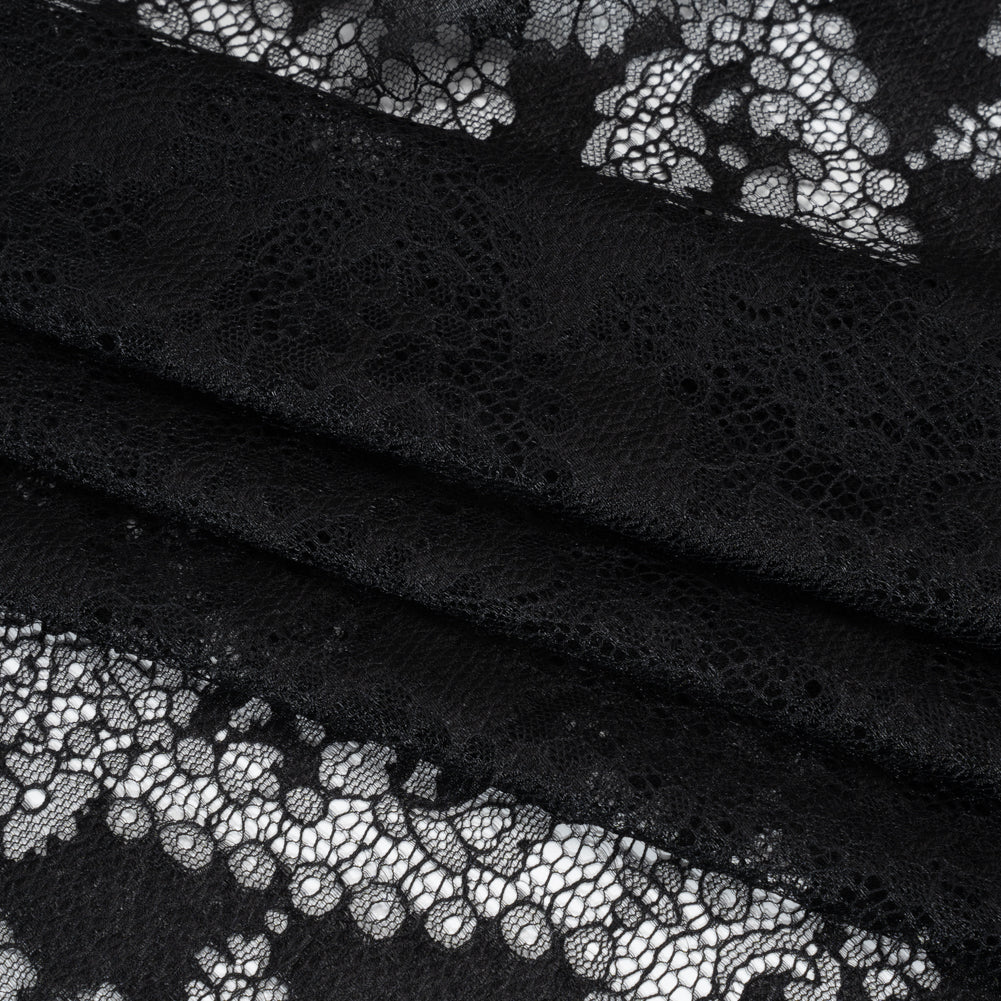 Raschel Lace Panel with Finished Edges - Black Ornate Leafy Chevrons - Folded
