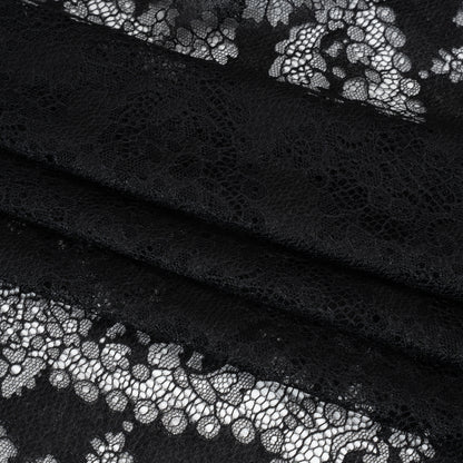 Raschel Lace Panel with Finished Edges - Black Ornate Leafy Chevrons