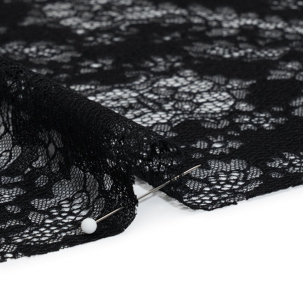 Raschel Lace Panel with Finished Edges - Black Ornate Leafy Chevrons - Detail