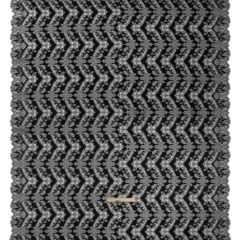 Raschel Lace Panel with Finished Edges - Black Ornate Leafy Chevrons - Full