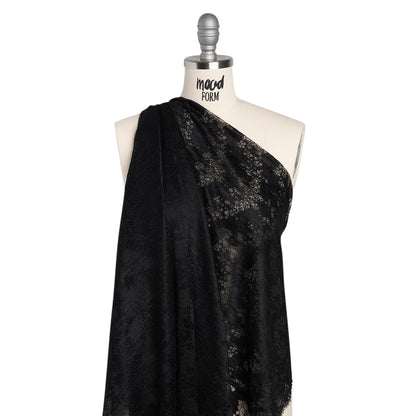 Raschel Lace Panel with Finished Edges - Black Ornate Leafy Chevrons