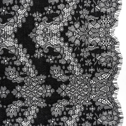 Raschel Lace Panel with Finished Edges - Black Ornate Leafy Chevrons