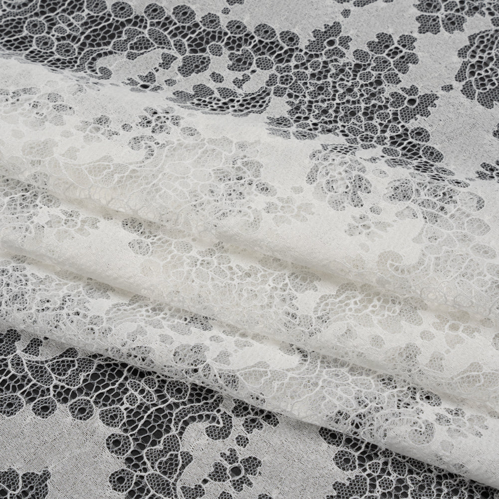 Raschel Lace Panel with Finished Edges - White PFD Ornate Leafy Chevrons - Folded