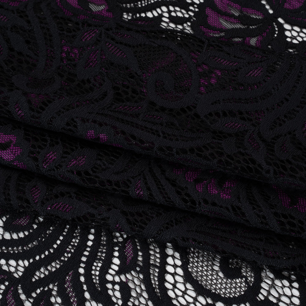 Re-Embroidered Stretch Lace with Finished Edges - Black and Dahlia Purple Blossom Trios and Leaves - Tatiana Collection - Folded