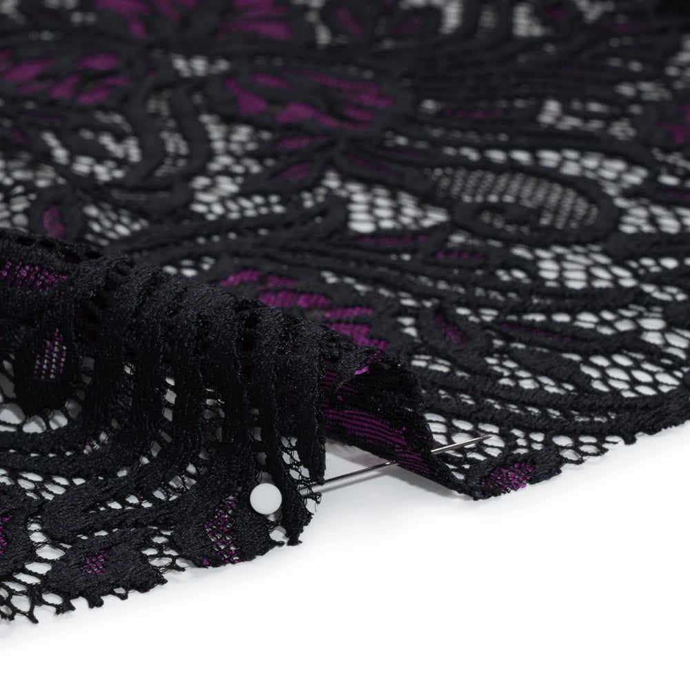 Re-Embroidered Stretch Lace with Finished Edges - Black and Dahlia Purple Blossom Trios and Leaves - Tatiana Collection - Detail