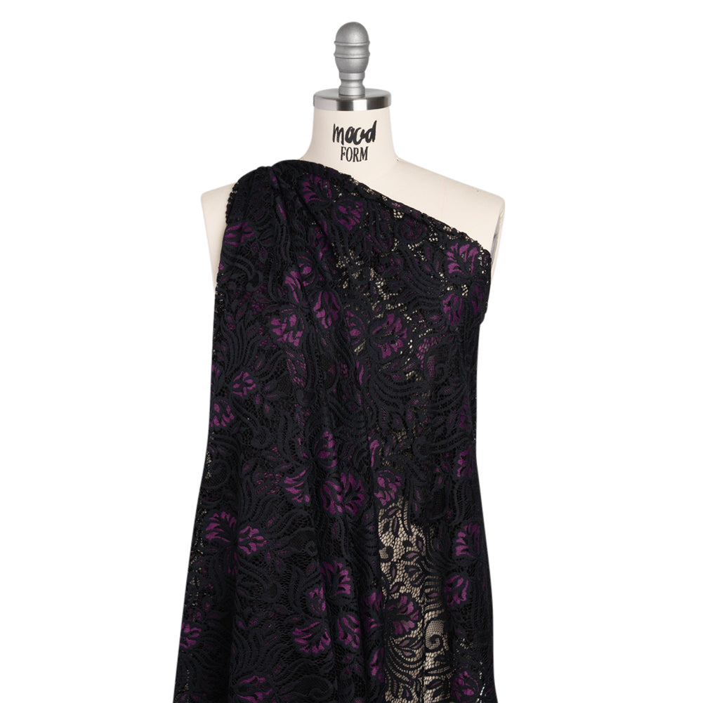 Re-Embroidered Stretch Lace with Finished Edges - Black and Dahlia Purple Blossom Trios and Leaves - Tatiana Collection - Drape