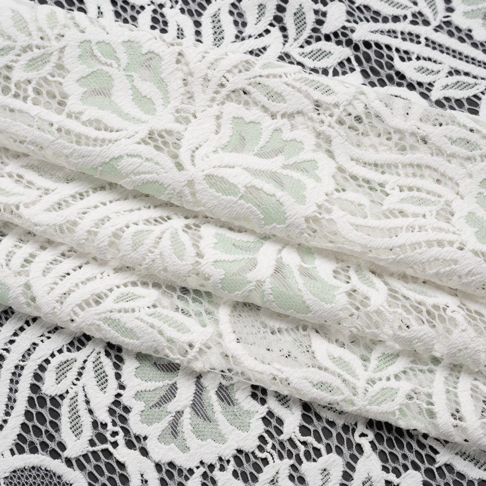 Re-Embroidered Stretch Lace with Finished Edges - Ivory and Dusty Aqua Blossom Trios and Leaves - Tatiana Collection - Folded
