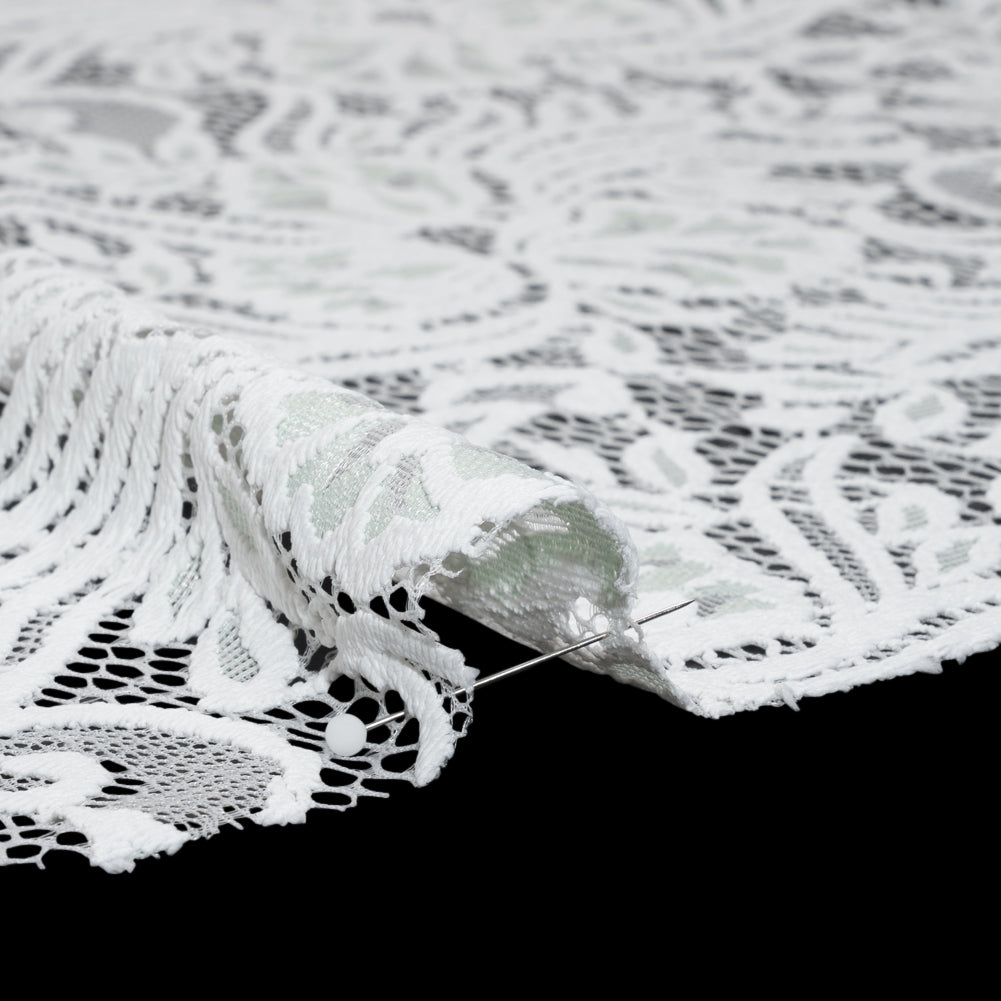 Re-Embroidered Stretch Lace with Finished Edges - Ivory and Dusty Aqua Blossom Trios and Leaves - Tatiana Collection - Detail