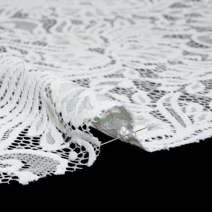 Re-Embroidered Stretch Lace with Finished Edges - Ivory and Dusty Aqua Blossom Trios and Leaves - Tatiana Collection