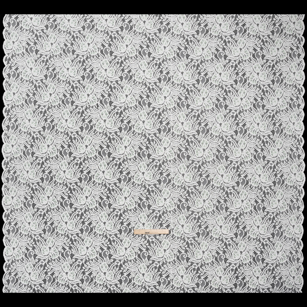 Re-Embroidered Stretch Lace with Finished Edges - Ivory and Dusty Aqua Blossom Trios and Leaves - Tatiana Collection - Full