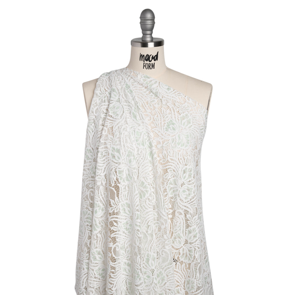 Re-Embroidered Stretch Lace with Finished Edges - Ivory and Dusty Aqua Blossom Trios and Leaves - Tatiana Collection - Drape