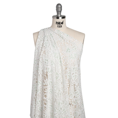 Re-Embroidered Stretch Lace with Finished Edges - Ivory and Dusty Aqua Blossom Trios and Leaves - Tatiana Collection