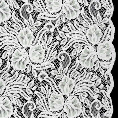 Re-Embroidered Stretch Lace with Finished Edges - Ivory and Dusty Aqua Blossom Trios and Leaves - Tatiana Collection