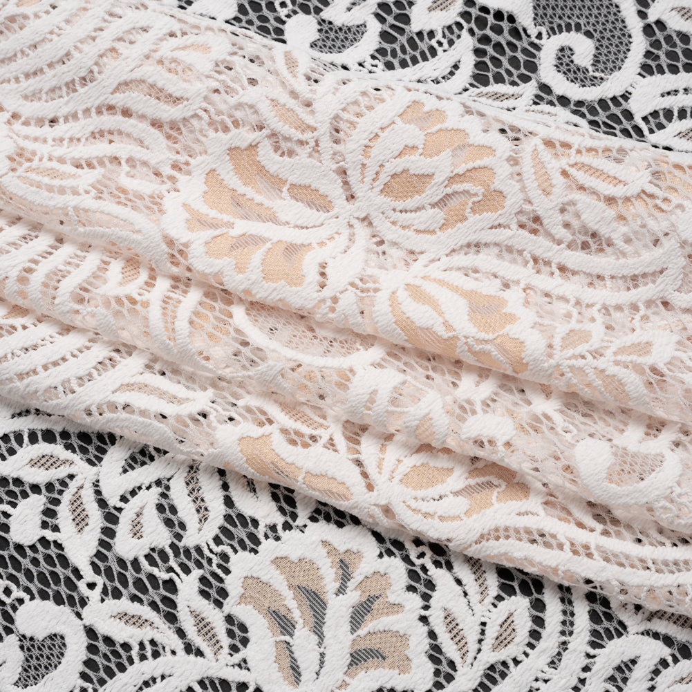 Re-Embroidered Stretch Lace with Finished Edges - Ivory and Appleblossom Beige Blossom Trios and Leaves - Tatiana Collection - Folded