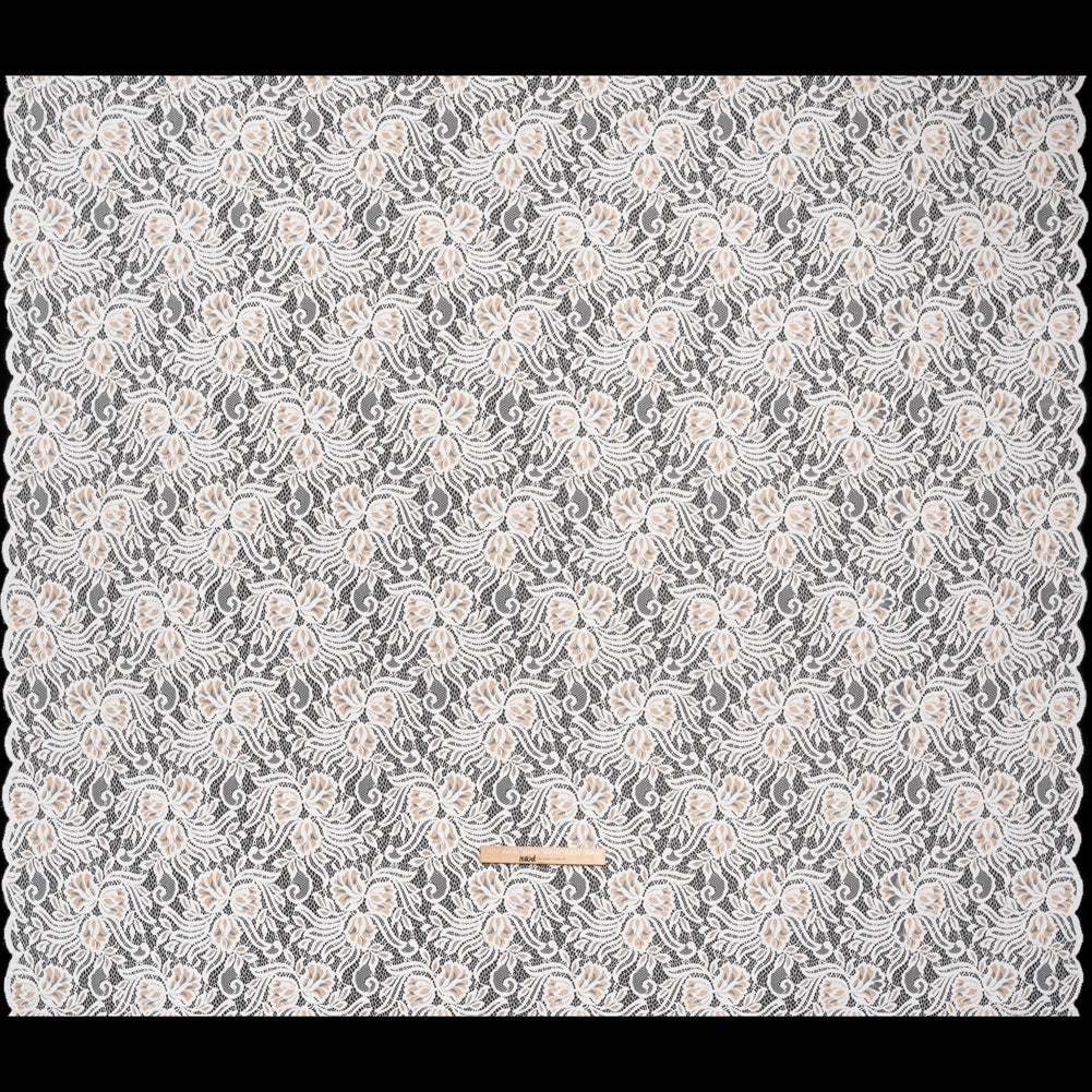 Re-Embroidered Stretch Lace with Finished Edges - Ivory and Appleblossom Beige Blossom Trios and Leaves - Tatiana Collection - Full