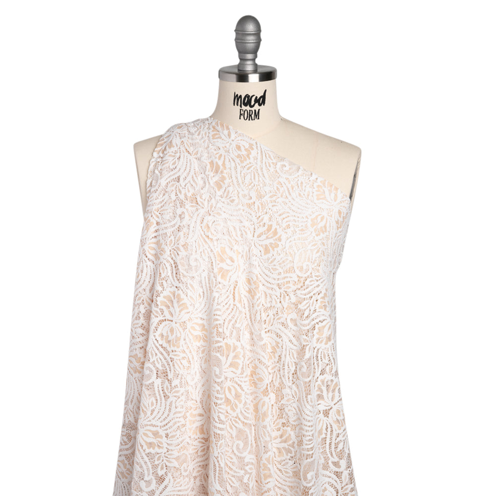 Re-Embroidered Stretch Lace with Finished Edges - Ivory and Appleblossom Beige Blossom Trios and Leaves - Tatiana Collection - Drape