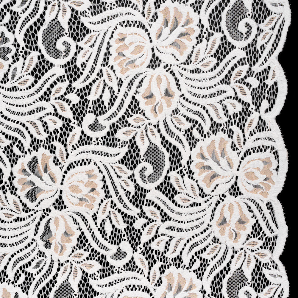 Re-Embroidered Stretch Lace with Finished Edges - Ivory and Appleblossom Beige Blossom Trios and Leaves - Tatiana Collection