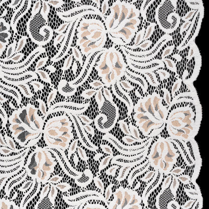 Re-Embroidered Stretch Lace with Finished Edges - Ivory and Appleblossom Beige Blossom Trios and Leaves - Tatiana Collection