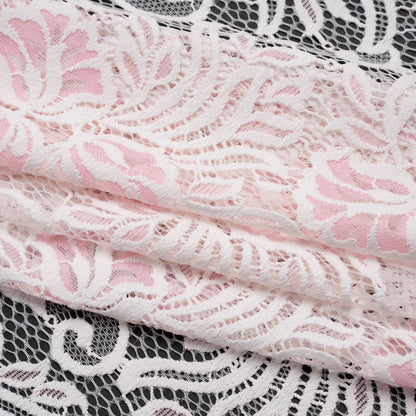 Re-Embroidered Stretch Lace with Finished Edges - Ivory and Roseate Pink Blossom Trios and Leaves - Tatiana Collection