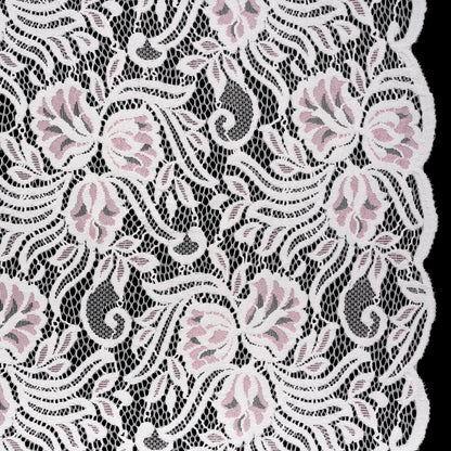 Re-Embroidered Stretch Lace with Finished Edges - Ivory and Roseate Pink Blossom Trios and Leaves - Tatiana Collection