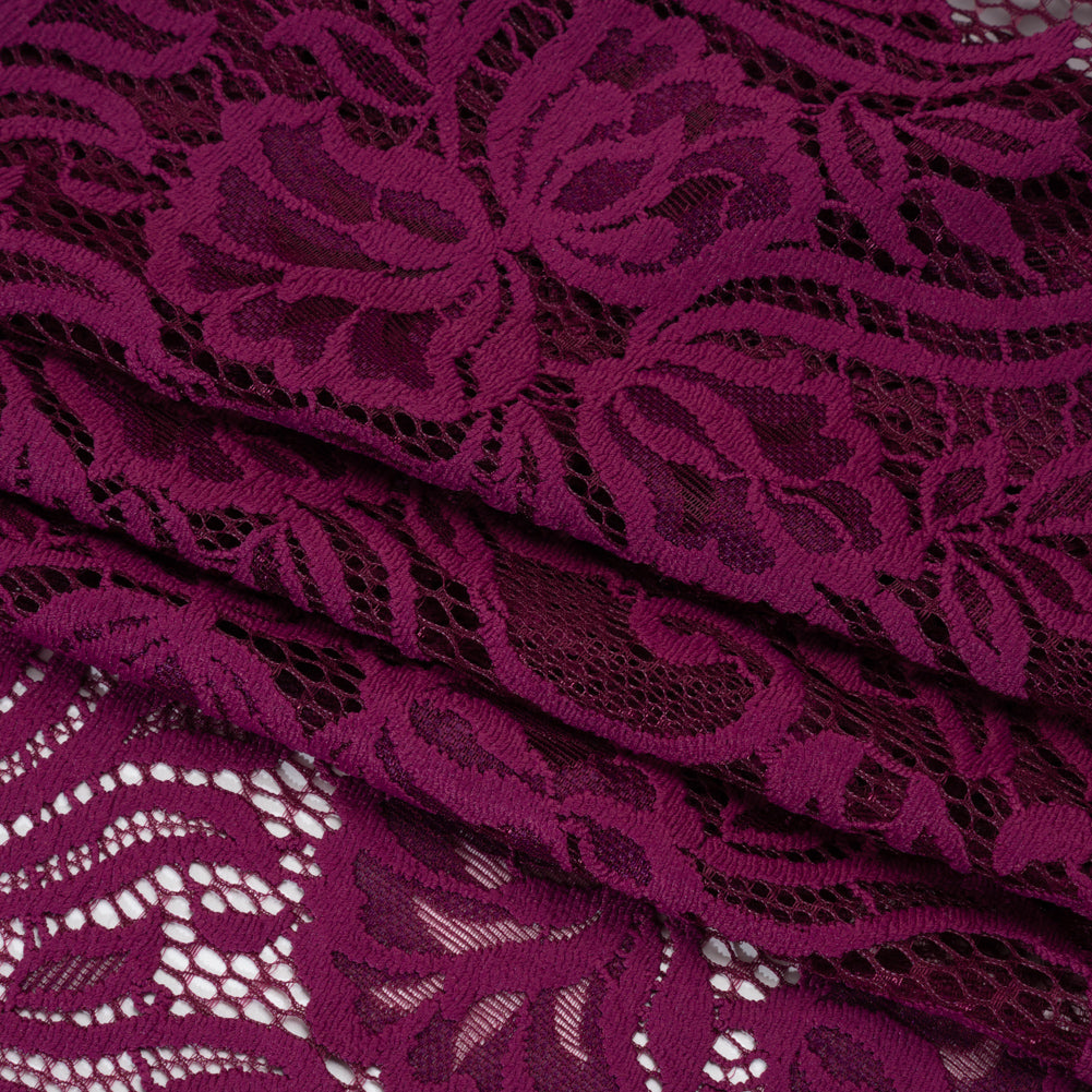 Re-Embroidered Stretch Lace with Finished Edges - Florentina Plum Purple Blossom Trios and Leaves - Tatiana Collection - Folded