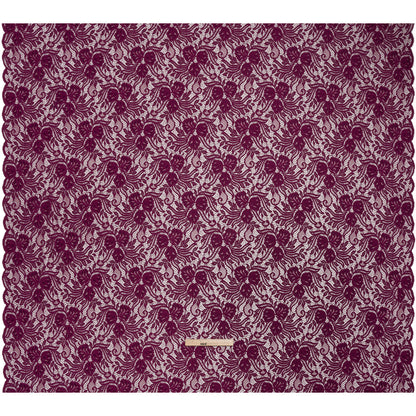 Re-Embroidered Stretch Lace with Finished Edges - Florentina Plum Purple Blossom Trios and Leaves - Tatiana Collection