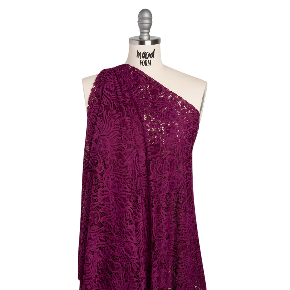 Re-Embroidered Stretch Lace with Finished Edges - Florentina Plum Purple Blossom Trios and Leaves - Tatiana Collection - Drape