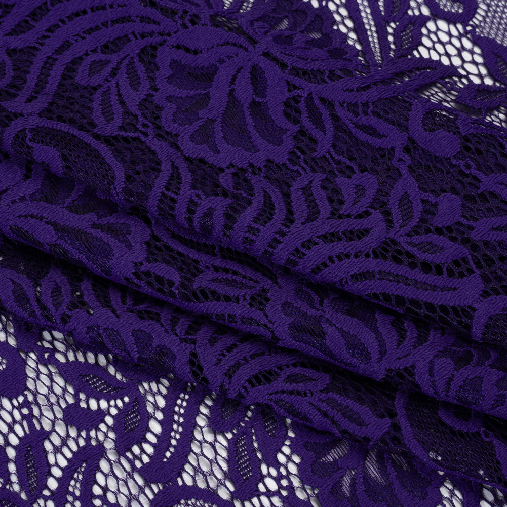 Re-Embroidered Stretch Lace with Finished Edges - Sweet Berry Blue Blossom Trios and Leaves - Tatiana Collection - Folded