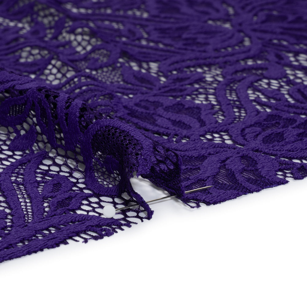 Re-Embroidered Stretch Lace with Finished Edges - Sweet Berry Blue Blossom Trios and Leaves - Tatiana Collection - Detail